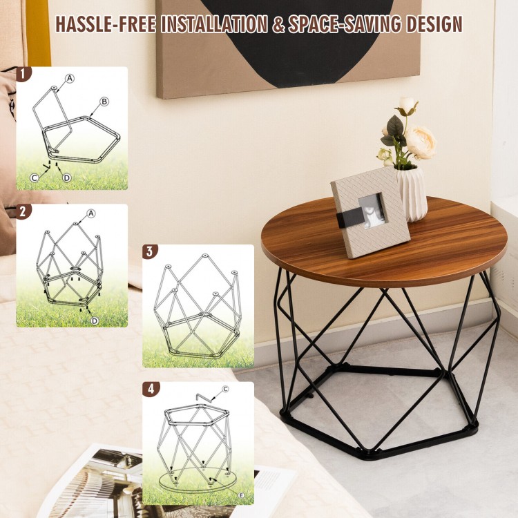 Modern round coffee table set with pentagonal steel base in rustic brown, ideal for versatile use and easy assembly.